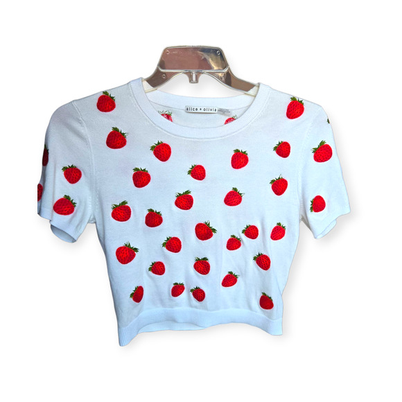Alice + Olivia Ciara Cropped Strawberry Print Embroidered Sweater Size Large - Picture 4 of 8